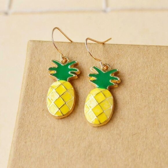 Handmade Enameled Pineapple Charm Dangle Gold Plated Earrings - Picture 1 of 1
